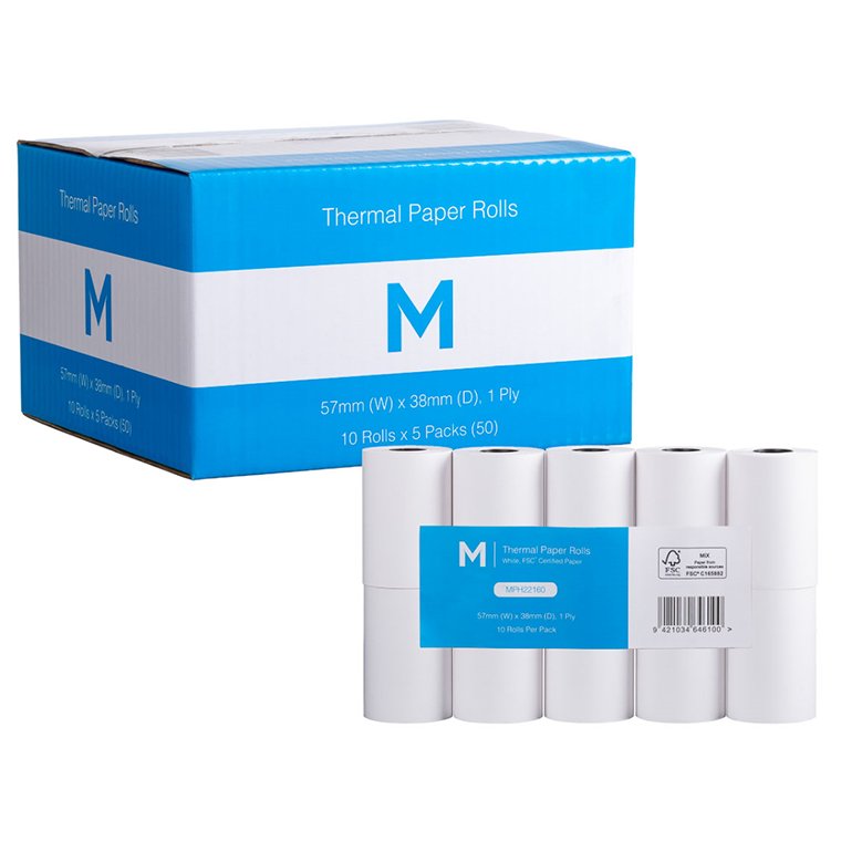 57mm x 38mm | 1ply Thermal Paper Rolls | 10 rolls/pack 5 packs/carton (Price per roll)